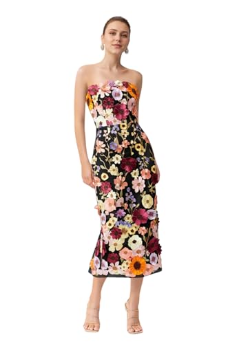 Strapless 3D Flower Embroidery Prom Gowns for Women Long Mermaid Floral Applique Formal Evening Party Dresses Black 12