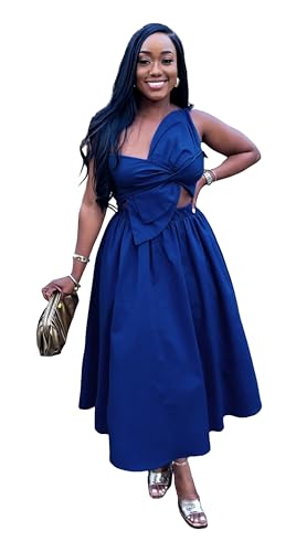 Image of YUEWOO Midi Dresses for Women Casual Summer Sundresses Vacation Outfits Spaghetti Strap Smocked Women Maxi Dress with Pockets