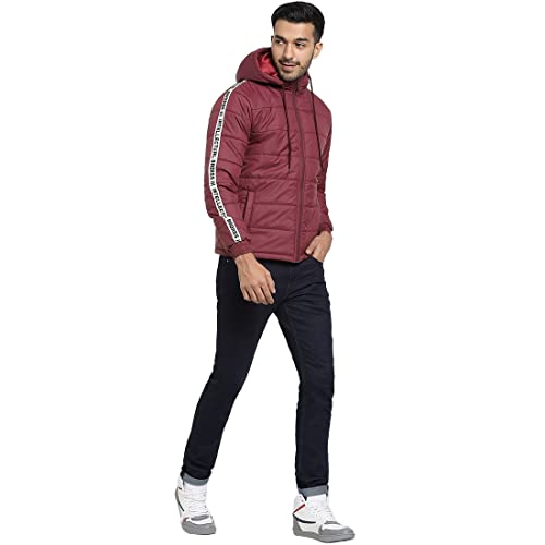 Image of Bewakoof Men's Typography Regular Fit Full Sleeve Hooded Poly Blend Puffer Jacket