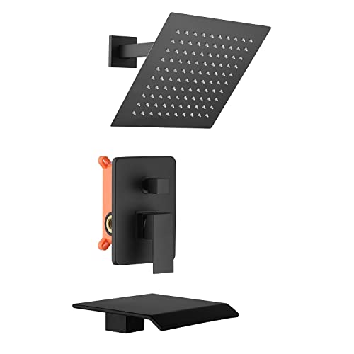 JOYWELL Bathtub Shower Faucet Included Rough-in Valve and Trim Kit Matte Black Shower Fixtures 10 inch Rainfall Shower Head and Tub Faucets sets Complete (2-Function Matte Black)