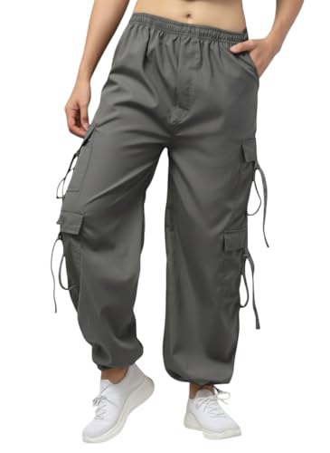 Image of SQew Women's High Waist Baggy Cargo Pants | Loose Fit Parachute Utility Trousers with Multiple Pockets | Casual Streetwear Pants