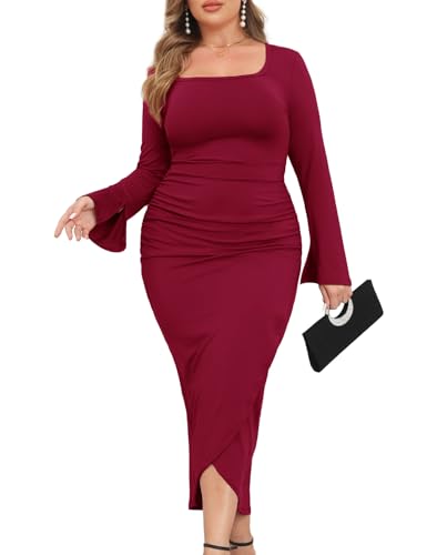 Image of ZOMVA 2024 Plus Size Cocktail Dress Comfortable Bell Sleeves Wedding Guest Square Neck Semi Formal