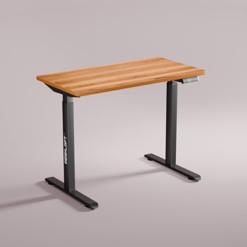Image of Electric Standing Desk Height Adjustable Table | Ergonomic Sit Stand Workstation with Walnut Wood Grain Top | Motorized Computer Desk for Home Office (Black Frame & Brown Top, 1200x600 mm)
