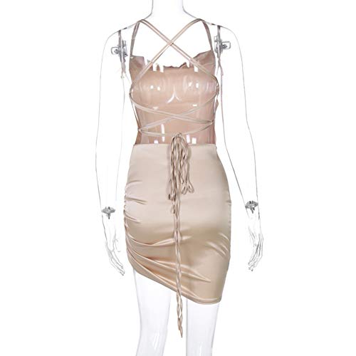 Image of JUMISEE Women Satin Ruched Lace Up Bodycon Mini Dress Sexy Backless Spaghetti Strap Party Dress for Cocktail Clubwear
