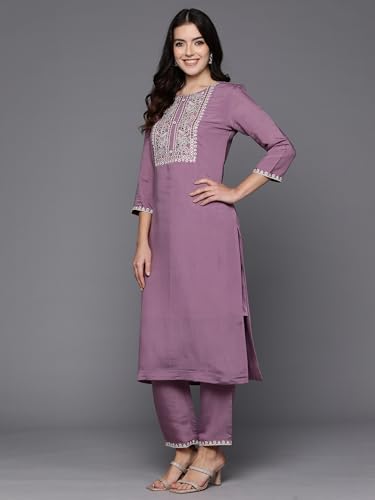 Image of INDO ERA Women's Silk Blend Embroidered Straight Kurta & Pant with Dupatta Set (SHUTR7630)