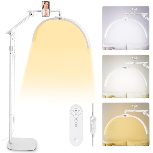Adonafy LED Halbmond Wimpern Lampe: Drehbar 360 Halbmond Beauty Lichter Stehlampe mit Telefonhalter - Dimmbares Wimpernverlängerung Lampe für Beauty Tätowierer Make-Up Artists - Weiß