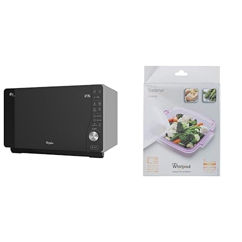 Whirlpool MWF 427 SL Four à micro-ondes Extra Space + Grill, 25 litres, argent, avec steamer, grille haute et plate Crisp + poignée, 800 + 1000 W & STM008 -...