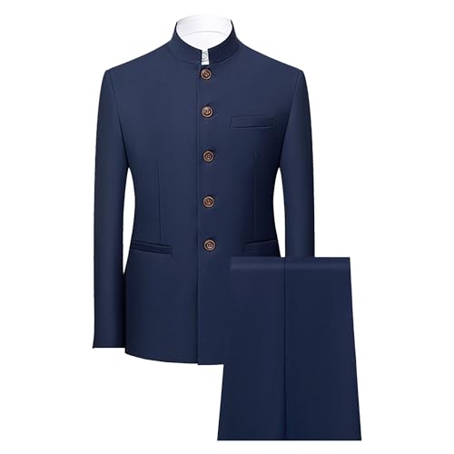 Men's 2 Pieces Chinese Tunic Suit Set Mandarin Collar Blazer Jacket Pants Sets Slim Fit Stand Collar Uniform Dress