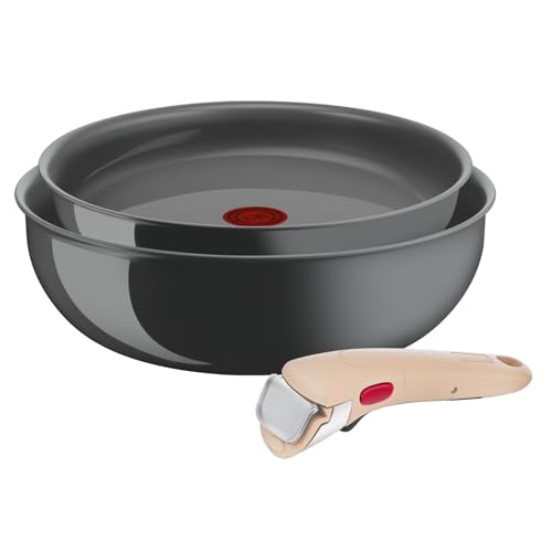 Lagostina Ingenio Vivissima Set pan 24 cm en wok 26 cm van keramiek, antiaanbaklaag, met afneembare handgreep, beige, 100% gerecycled aluminium en thermische signaaltechnologie, voor alle
