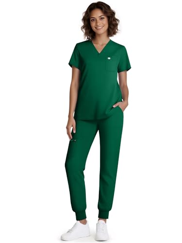 Eadflie Scrubs for Women Medical Scrubs Set - V-Neck Top & Jogger Pants with 5 Pockets Soft Stretch Woven fabric Side splits - (Hunter Green/L)