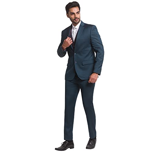 Image of Park Avenue Men's Super Slim Fit Terry Rayon Blend Peak Lapel Jacquard Pattern Full Sleeve Dark Blue Ceremonial Suit