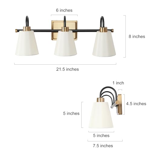 Image of KSANA Bathroom Wall Light Fixtures, 3-Light Gold Black Vanity Light with White Fabric Shades, Modern Vintage Wall Lamp Over Mirror for Powder Room, Hallway
