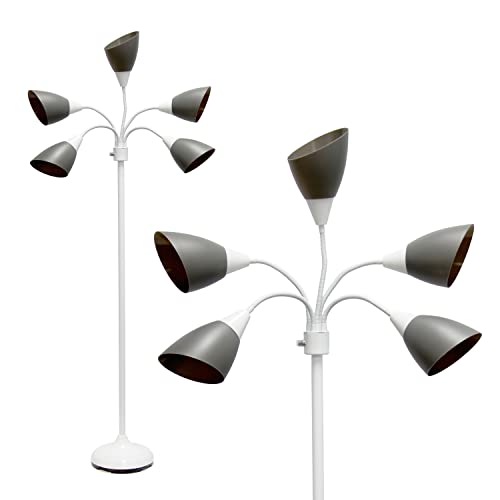 Simple Designs LF2006-GOW 67 Contemporary Multi Head Medusa 5 Light Adjustable Gooseneck White Floor Lamp with Gray Shades for Kids Bedroom Playroom Living Room Office