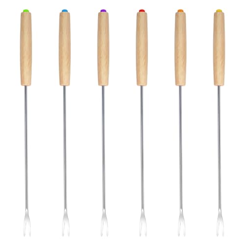 6 PCS Stainless Steel Fondue Forks, 9.5 Inches Cheese Fondue Sticks Set, Heat Resistant Stainless Steel with Wooden Handle for Roast Meat Chocolate Dessert Cheese Marshmallows (6 Colors)
