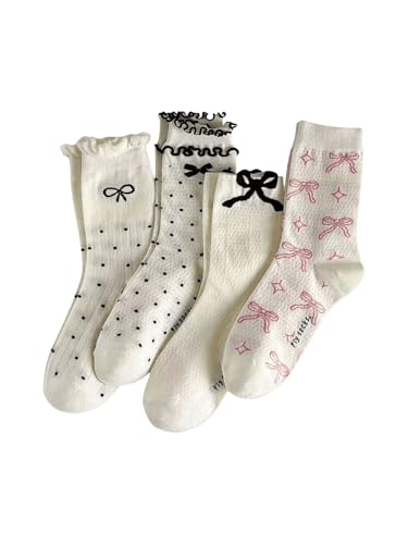 WDIRARA Women's 4 Pairs Cute Bow Ankle Socks Novelty Soft Frilly Sock for girl teen