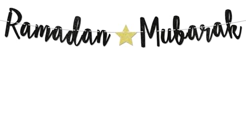 Ramadan Mubarak Banner - Eid Mubarak, Eid ul-Adha Party Decor, Ramadan Kareem Decor, Muslim Fireplace Mantel Party Decorations Black Glitter (Pre-Strung)