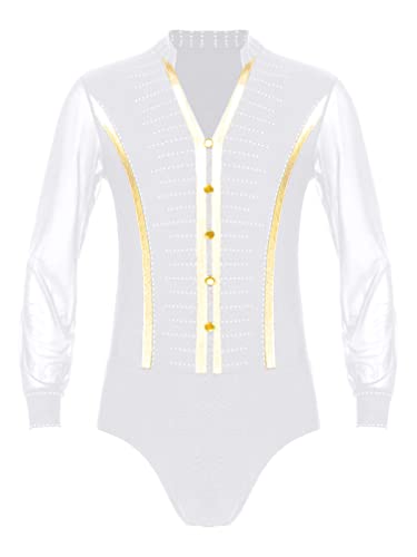 ranrann Maillot Camisa de Baile Latino Lentejuelas para Hombre Top de Danza Latina Tango Cuello en V Manga Larga Leotard Traje Baile de Salón Rumba Blanco E M