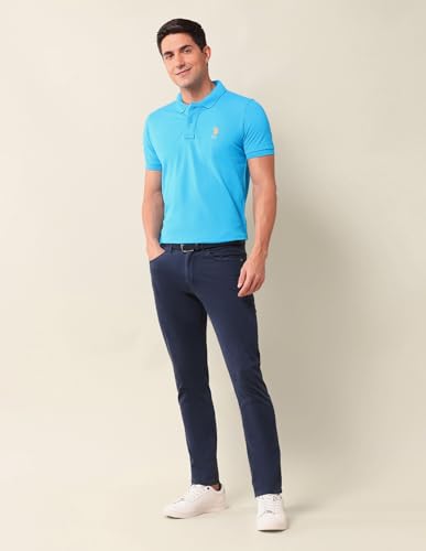 Image of U.S. Polo Assn. Men's Blue Solid Polo Collar Half Sleeve Casual Cotton Slim Fit T-Shirt