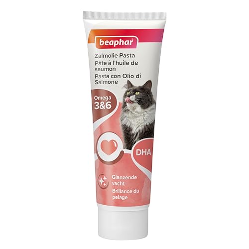 Beaphar, Pasta al Salmone per Gatti, Snack Quotidiano Gustoso Ricco di Omega 3 e 6, Migliora la Lucentezza del Pelo, con Aggiunta di DHA a Supporto di Vista e Cuore, Tubetto 100 g