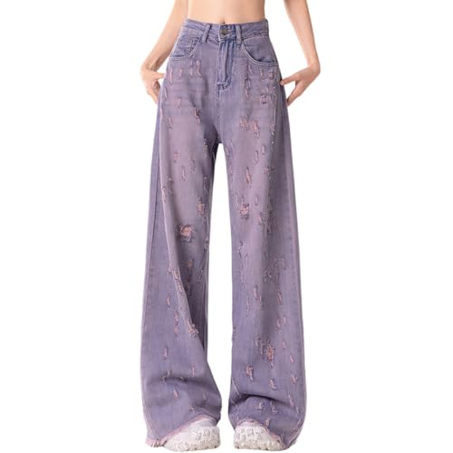 Fashion Vintage Women's High Waisted Straight Leg Jeans Y2K Casual Streetwear Fringe Gradual Denim Pants