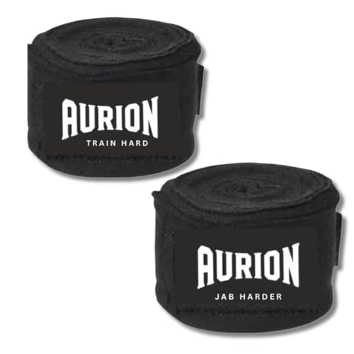 Image of Aurion 4.5 Meter Boxing Hand Wraps (180 Inch) | Professional Elastic Polyester-Cotton Handwrap for Boxing, MMA, Muay Thai & Heavy Bag | Durable Wrist & Knuckle Protection | Black (Pair)