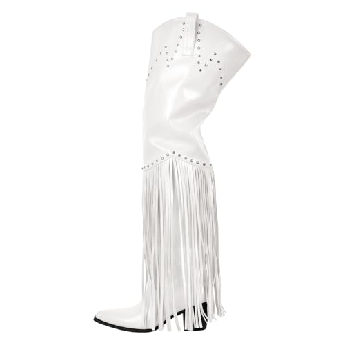 Image of richealnini Western Thigh High Cowboy Boots with Fringe Over Knee Wide Calf Cowgirl Boots