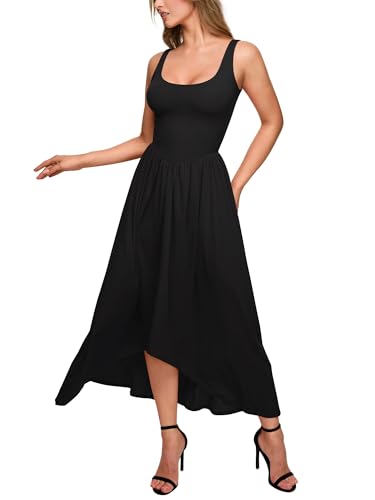 REORIA Women's Sleeveless Scoop Neck Dress A-Line Summer Casual Sexy Midi Dress Black Onyx Large