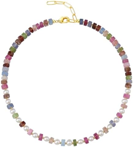 shownii Mother's Day Gift for Mom Boho Beaded Choker Necklace for Women,Gemstone Necklace Natural Stone 14K Gold Plated Handmade Necklace Jewelry Gift