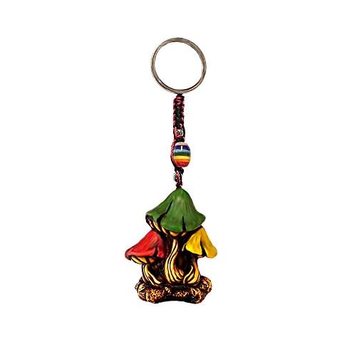 Gypsy Daze Smokes Triple Rasta Mushrooms 3D Figurine Keychain Multicolored Macramé Metal Ring - Handmade Gifts Boho Car Keys Bag Accessories Cover