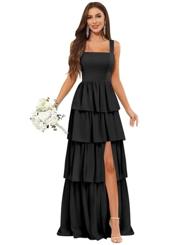 TORYEMY Chiffon Square Neck Bridesmaid Dresses Long with Slit Ruffle Tiered Formal Evening Dress for Women