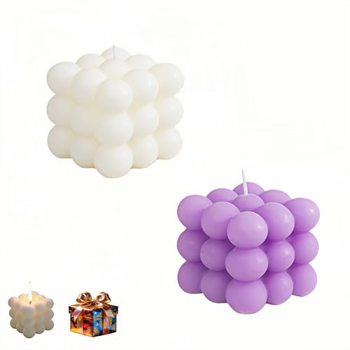 Cube Bubble Candle Soy Wax Scented Candles with Plant Essential Oils Decorative Geometric Candles for Home Decor Aromatherapy Meditation Romantic Gifts (White + Purple)