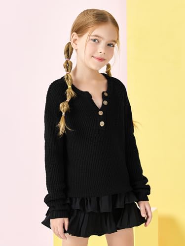 Image of rrhss Girls Waffle Knit Sweaters Trendy Henley Button V Neck Long Sleeve Pullover Jumper Tops Black