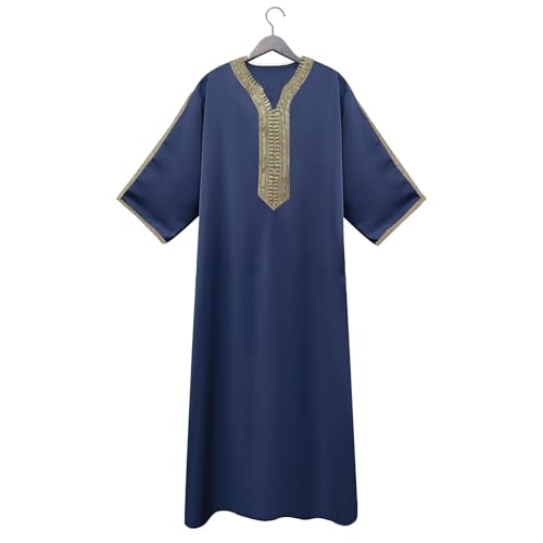 Kaftan for Men Muslim Clothing Thobe Ethinc Printed V Neck Casual Shirts Half Sleeve Night Gown Arabic Caftan4