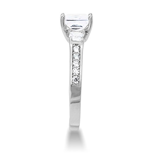 Ioka Solid 925 Sterling Silver 1.5 Ct. CZ Cubic Zirconia 3 Stone Engagement Ring Princess Cut Solitaire with Round Side Stones3