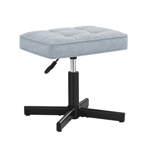 Image of LUE BONA Adjustable Vanity Stool, 15''-19.5'' Foot Rest Under Desk, 360 Swivel Vanity Chair for Makeup Room, Blue Upholstered Faux Leather Ottoman for Bathroom & Living Room, 300lbs