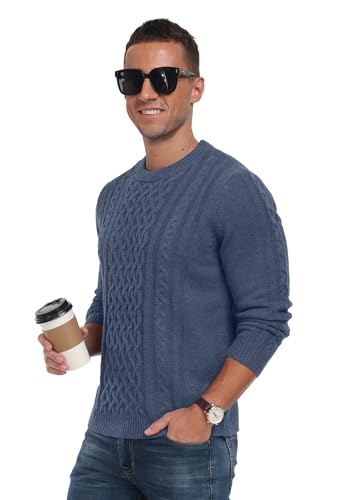 Askdeer Men's Pullover Sweater Fisherman Cable Knit Crewneck Sweater Winter Casual Knitted Sweaters with Ribbing Edge