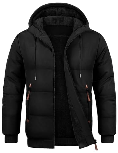 TOMEEK Chaqueta Hombre Invierno con Capucha Cálido Abrigo Hombres Cazadora Acolchada Forro Polar Casual Chaquetas con cremallera y Bolsillos Cómoda Cortavientos(Negro,XXL)