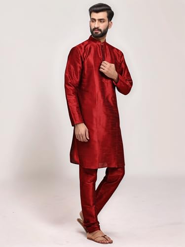 Image of SKAVIJ Men's Art Silk Solid Kurta Pyjama Set Festive Woven Design 2-Piece Ethnic Dress (KP055red Red L)