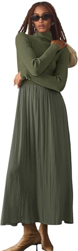 Image of Womens Fall Mock Turtleneck Long Sleeve Ribbed Knit Pullover Tops Fashion Long Maxi Dress