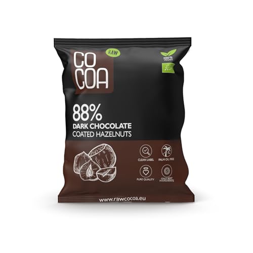 CO COA Avellanas en chocolate negro 88% orgánico 70 g – chocolate sin azúcar refinado, chocolate crudo vegano, ingredientes ecológicos, sin lactosa, contiene grasas omega-6 saludables