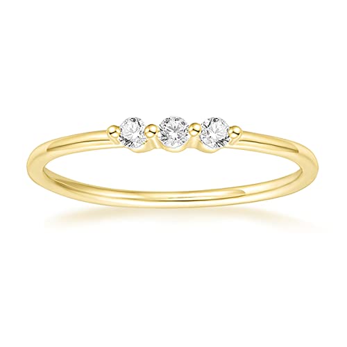 TIGRADE 1.5mm Eternity Ring 14k Gold Plated Three Cubic Zirconia Minimalist Engagement Ring Petite Round CZ Stacking Promise Ring for Women Size 3-11