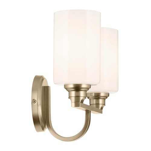 Image of Kichler Gioe 14.25 inch 2-Light Bathroom Vanity Light Fixture with Opal Glass in Champagne Bronze, Damp Rated for Bathroom, Powder Room, Over Mirror (14.25 inch W x 10.5 inch H), 55225CPZ