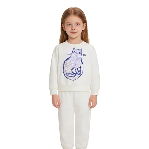 POMN Girls Casual Cotton Long Sleeve Sweatshirt and Joggers Set, Cute Cat Graphic Outfits for Comfort and Play, All Seasons (White,3-4Y(100cm))