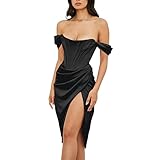 Womens Off Shoulder Split Corset Satin Dress Strapless High Slit Bodycon Ruched Cocktail Party Dress Midi Sexy Night Club Tube Dress Backless Slim Fit Formal Wedding Guest Evening Dress Black Small