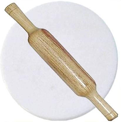 SWIYAM Marble White Chakla with Wooden belan Rolling Pin & Board (White 22 Cm) 9 Inch