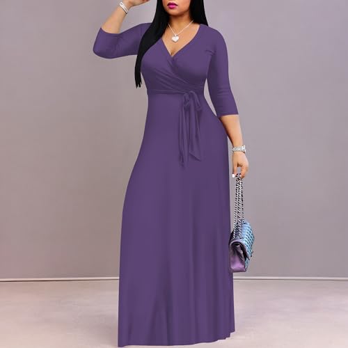 Image of PinkPatty Women's Print Maxi Dresses 3 /4 Sleeve Flowy Long Dress V Neck Wrap Tie Waist Sundress