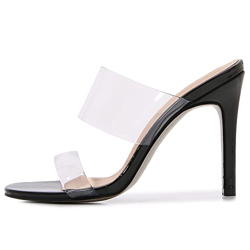 Image of Husmeu Women's Clear Heeled Sandals Square Toe Two Strap Stiletto Mules | Clear Sandals for Women Dressy, High Heeled Sandal, Transparent Strap, Backless Slip on Heeled Sandals