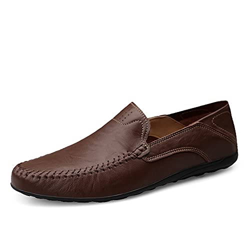 Mens Loafers Leather Driving Shoes-Breathable Flat Casual Business Shoes Dark Brown UK 9.5