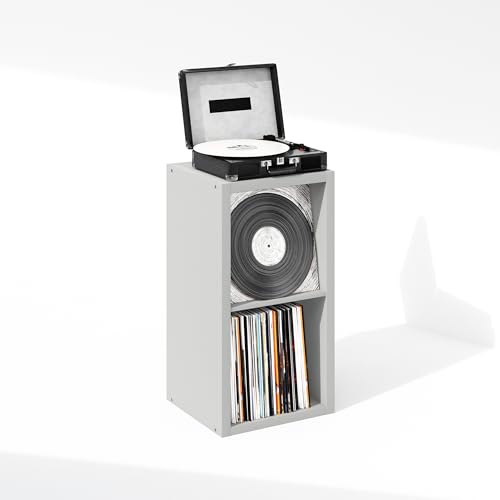 Image of Furinno Cubicle Record Player Stand, 2-Cube Record Storage, Light Grey | Vinyl Storage, 1.2 inchInch Extra Thick, Open Back Media Shelf for CD DVD Bluray Game Disc, for Living Room, Home Office