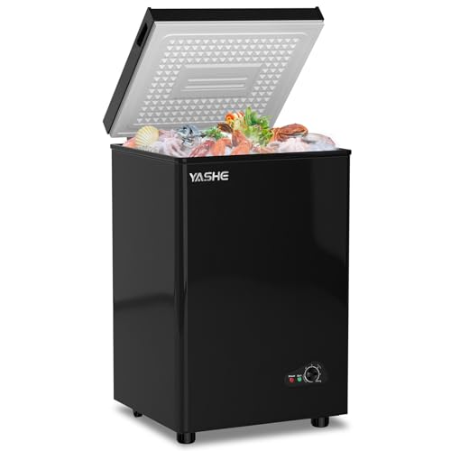 YASHE Chest Freezer 100L Compact Freestanding Deep Freezer with 2 Removable Baskets Adjustable Temperature Control Quiet 45 dB Operation Black Ideal for Kitchens Flats & Garages